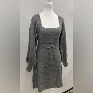 Venus Womens Cable Knit Balloon Sleeve Open Back Sweater Dress sz:S, Gray